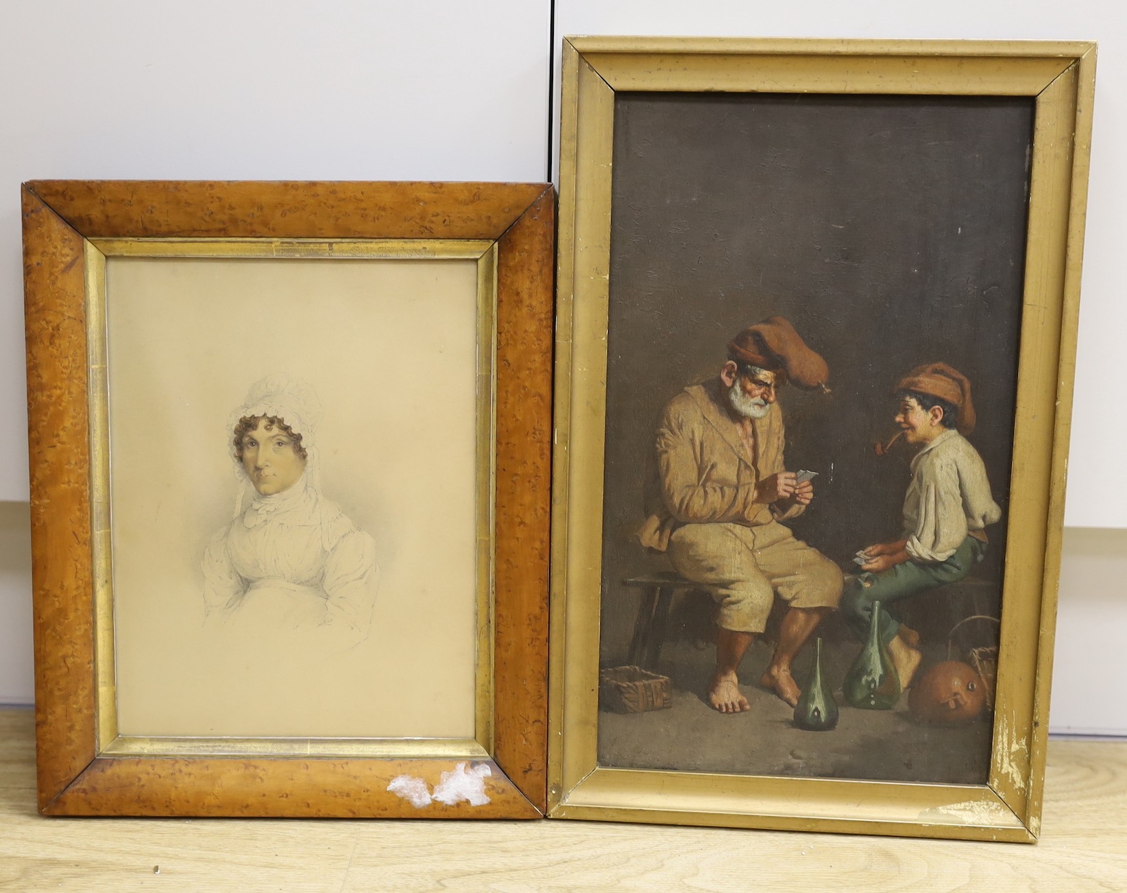 Michele Ricci (late 19th century Neoplolitan) - Interior with figures playing cards, oil on panel, signed and inscribed verso, 33 x 19.5cms., and a Victorian portrait of a lady, pencil and watercolour, maple framed 24 x